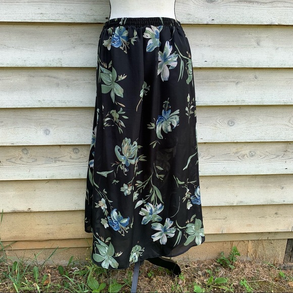 Vintage 90s Black Floral Print Elastic High Waist Sheer Ankle Length Midi Skirt - Picture 15 of 16